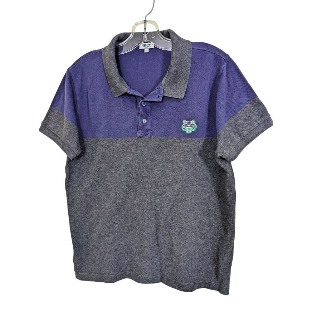 Kenzo Paris Tiger Polo Mens Large Gray Navy Cotton Short Sleeve Shirt Casual
